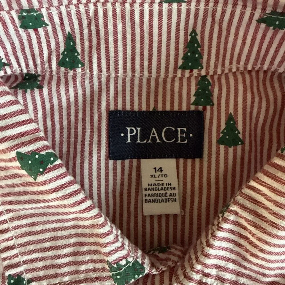 The Childrens Place Boys XL 14 Red Striped Christmas Button Down Shirt Holiday
